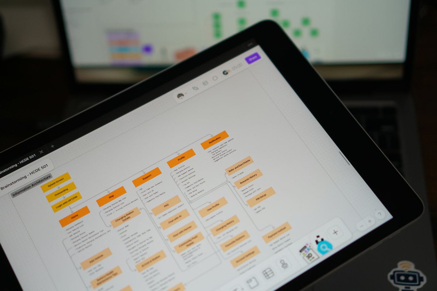 Tablet displaying information architecture diagram on a desk.